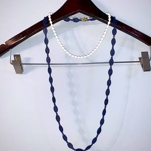Hollow Simple Exaggerated Oval navy blue necklace with 2nd white bead necklace